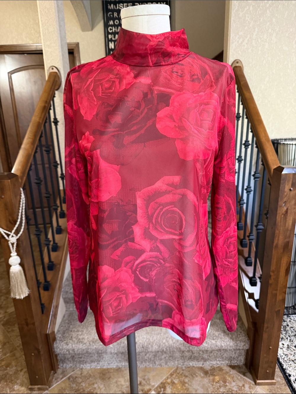 Tahari Red Rose Print Sheer Mock Neck Top - XL